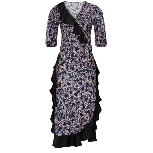 Brogger Dress Ruffle-Trim Floral Size Medium Black Pin Blue - Picture 2 of 12